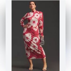 NWT Anthropologie Long-Sleeve Mock-Neck Printed Slim Midi Dress Size Small